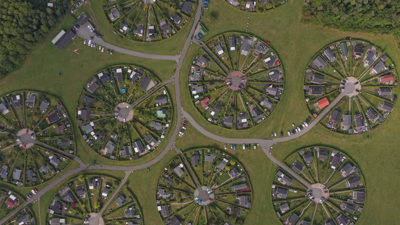 Luftfoto af Haveforeningen Harekaer, Danmark – planlagt cirkulær haveby