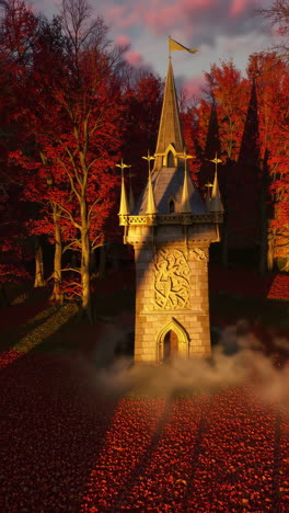 enchanted autumn tower in a mysterious forest