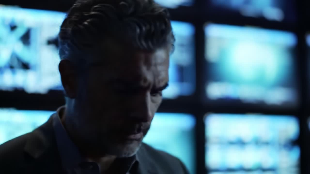 A determined individual contemplates under the glow of multiple screens, revealing the weight of decisions and the depth of focus in a high-stakes environment