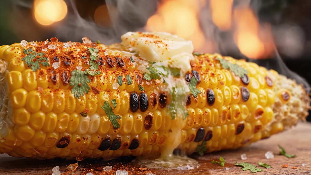 Milho na Espiga Deliciosamente Grelhado, Coberto com Manteiga, Especiarias e Ervas Frescas, Perfeitamente Assado para Realçar Seu Sabor e Textura, Ideal para Churrascos de Verão