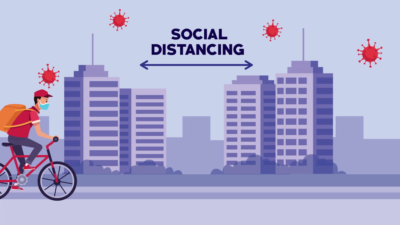 도시에서 오토바이 운송 노동자와 함께 사회적 거리 두기 캠페인