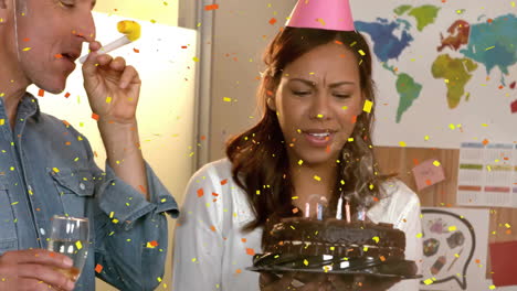 celebrating birthday with confetti animation, people blowing party horn and holding cake