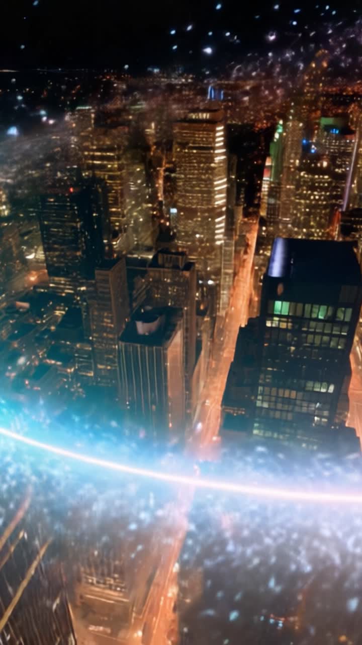 Una splendida vista aerea notturna di uno skyline cittadino luminoso con luci scintillanti e affascinanti vortici di colore sopra grattacieli elevati.