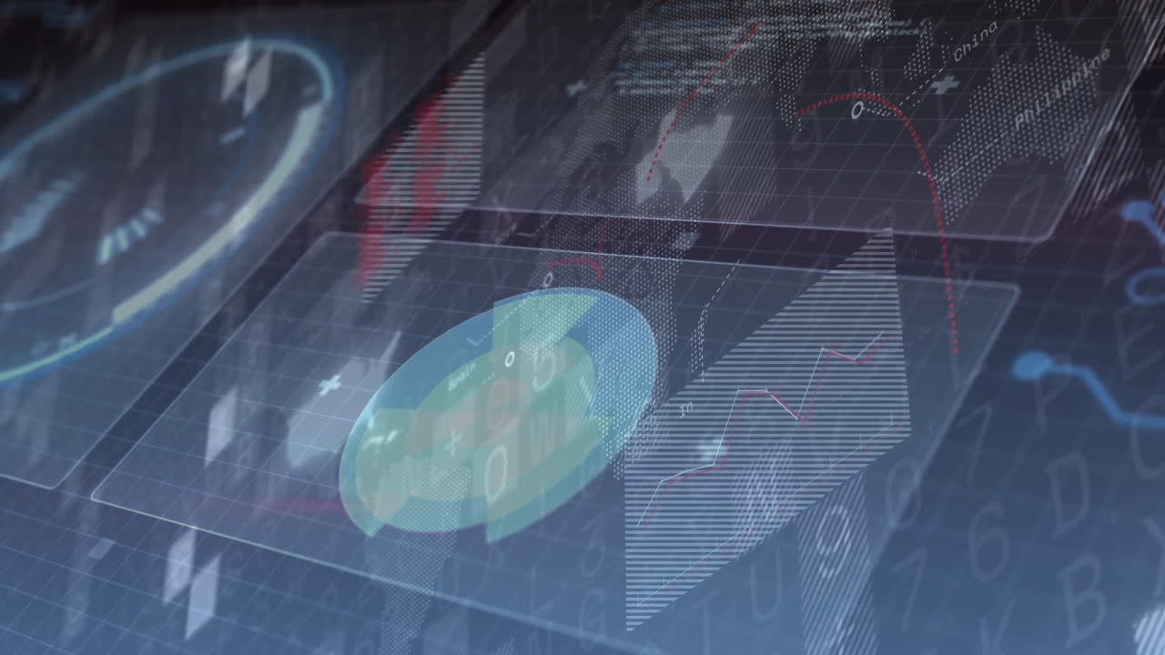 Holographic panels floating on grid backdrop, revealing rotating dial and shifting pie chart data