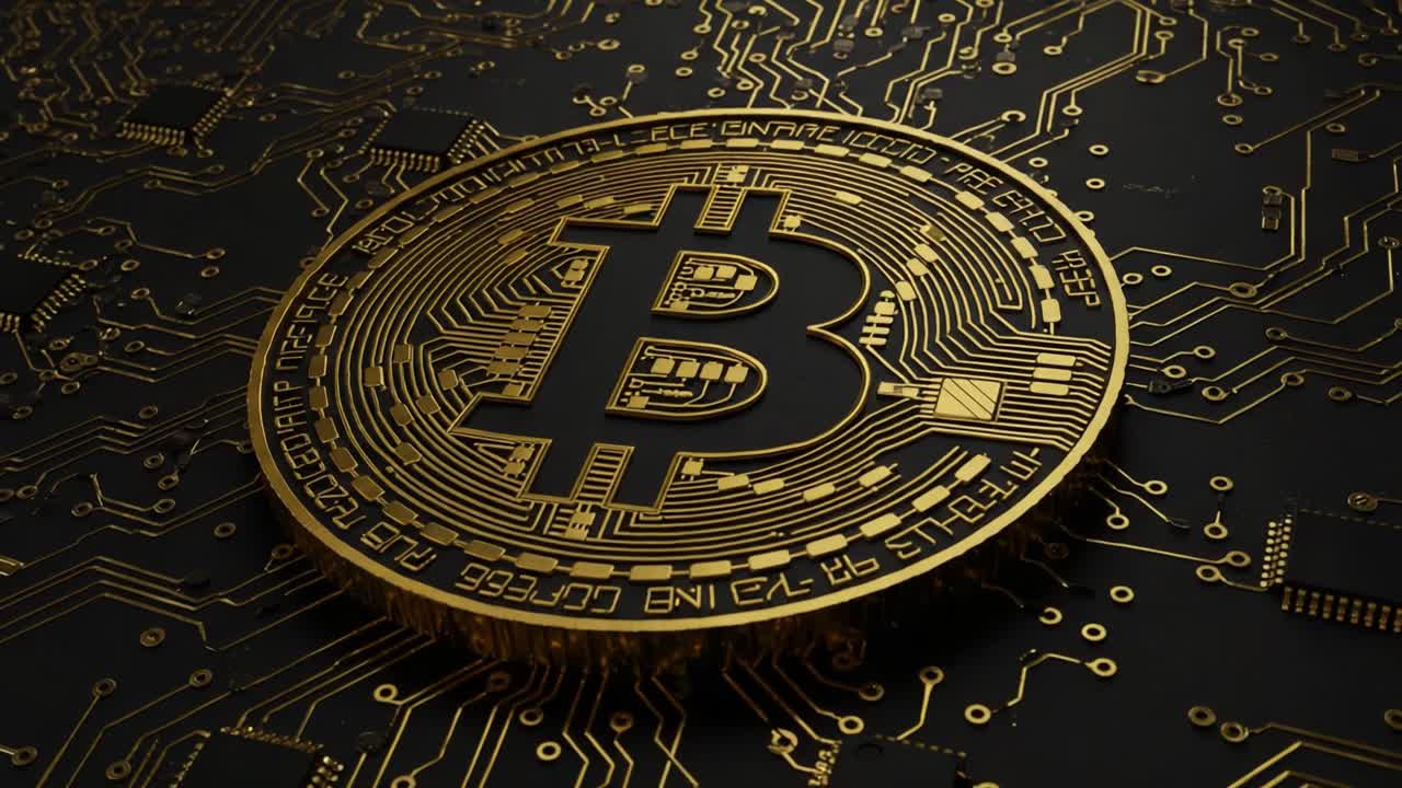 Intricate Gold Bitcoin Coin on a Complex Circuit Board Background Showcasing Digital Currency's Role in the Modern Financial Ecosystem