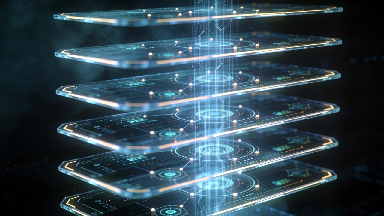 Intensifying data column energizing stacked glass panels in dark nebulous space, pulsing HUDs