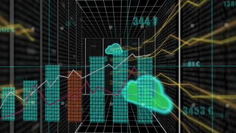 Animation-of-green-cloud-icons,-data-processing-on-graph-and-transferring-through-network