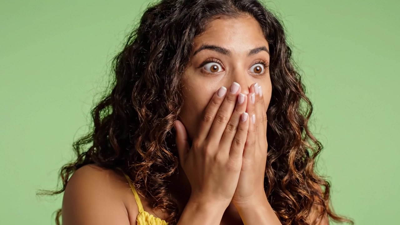 A Transformative Expression of Emotion: From Uncertainty to Joy Captured in Two Frames of Beauty Against a Vivid Green Background