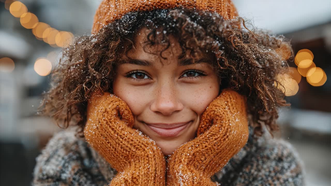 Joyful girl with curly hair in a cozy winter setting, wearing an orange beanie and mittens, smiling warmly while surrounded by softly glowing lights and a snowy backdrop