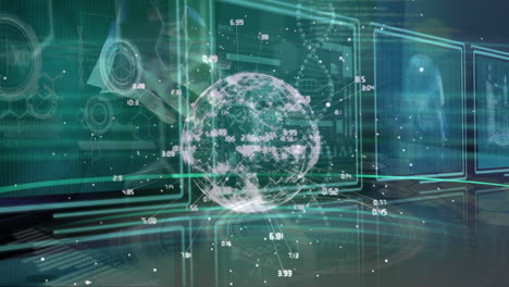 animation of globe and caucasian businessman over data processing