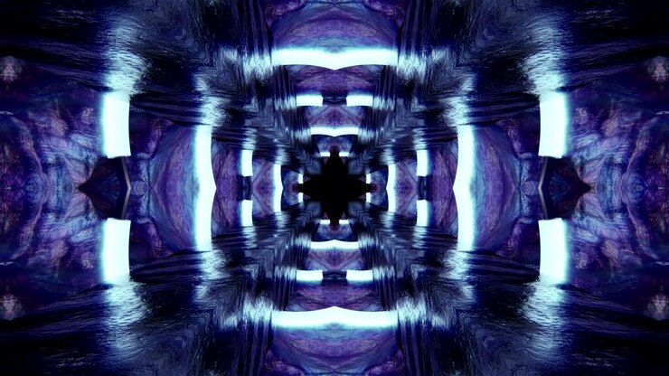 Looped Abstract neon ornate decorative background. 3D Kaleidoscope or mandala.