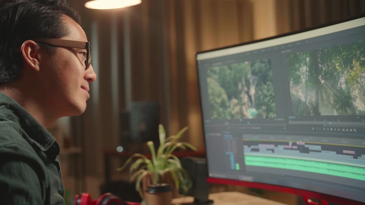 Asian Male Video Editor Stretching While Works With Footage And Sound On His Personal Computer, He Works Late At Night