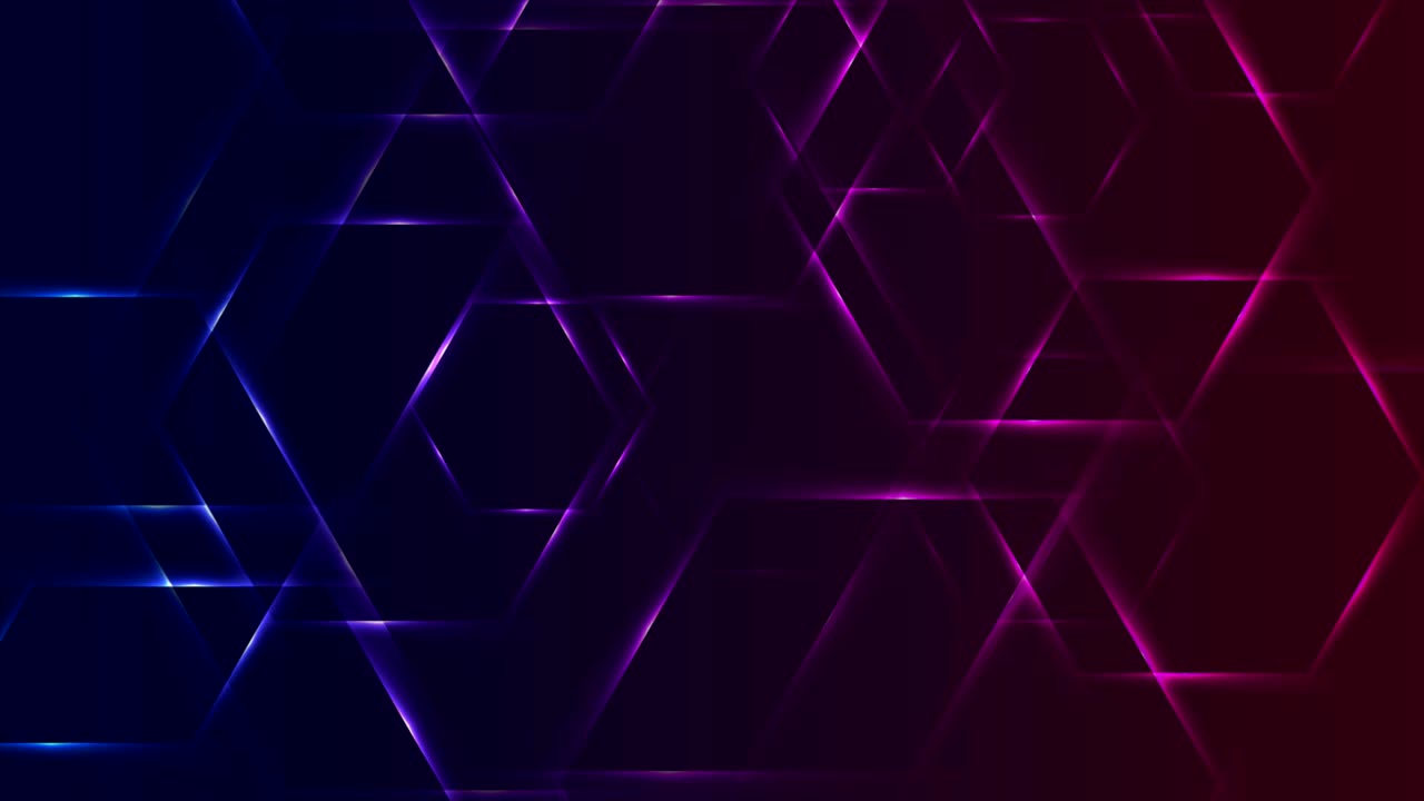Sfondo animato astratto con esagoni geometrici blu e viola luminosi al neon.