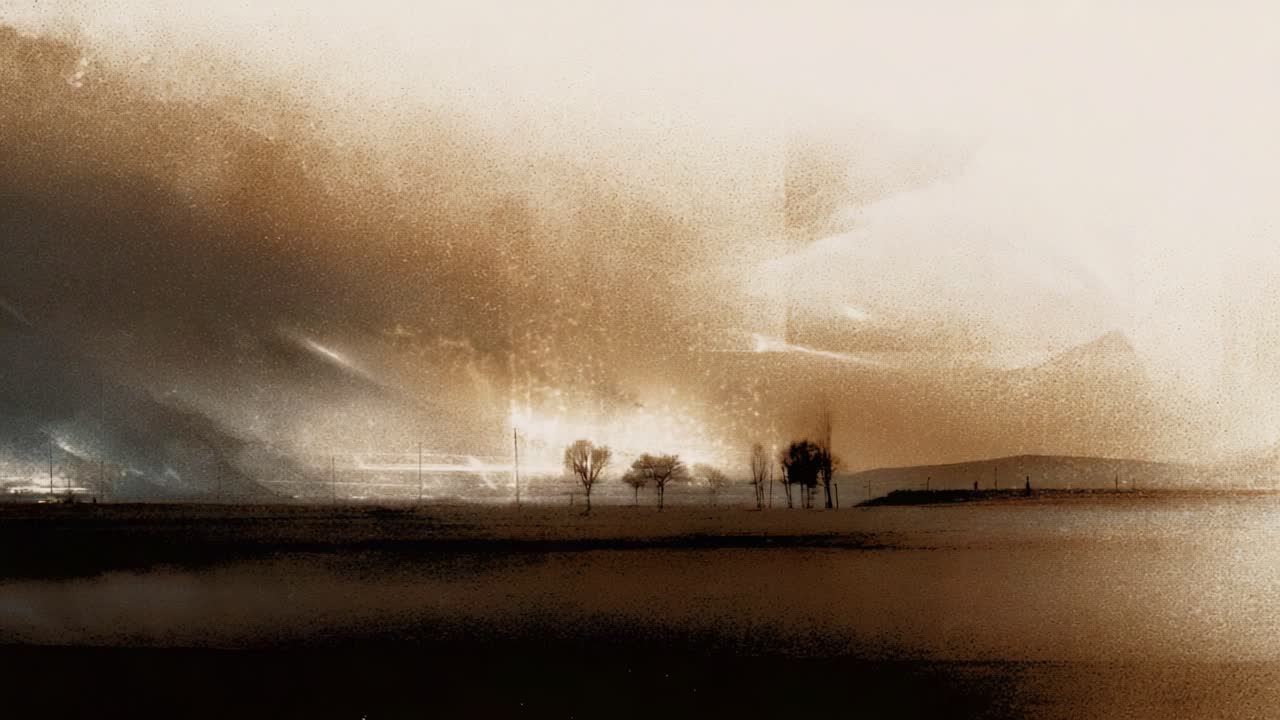 A Mystical Landscape in Transition: Capturing the Ethereal Beauty of a Grainy Horizon with Striking Trees and Atmospheric Effects Between Two Enigmatic Frames