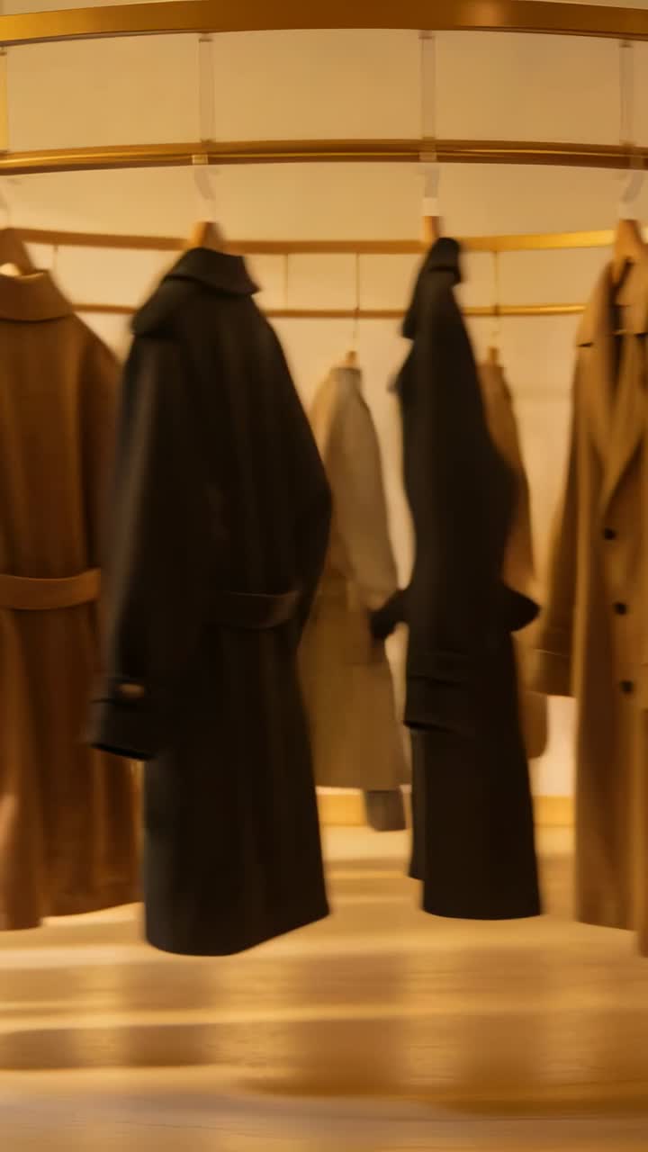 Video verticale: Telecamera in panoramica che rivela lunghi soprabiti in una boutique, mostrando cappotti su una ringhiera dorata.