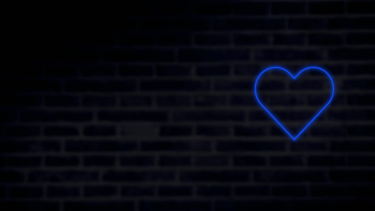 animación de un corazón de neón azul parpadeando en el fondo de la pared de ladrillo oscuro