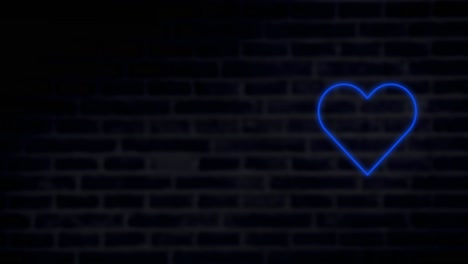 Animation-of-blue-neon-heart-flashing-on-dark-brick-wall-background