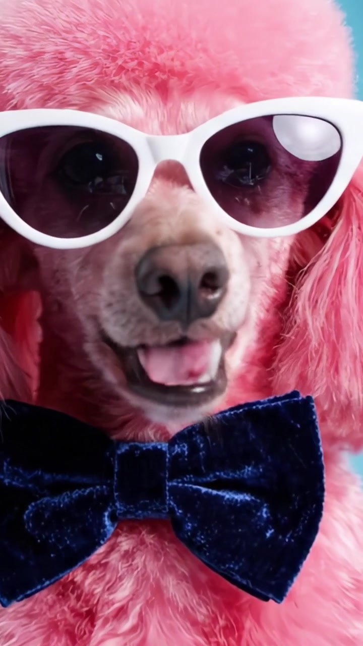 Un barboncino rosa glamour con occhiali da sole e un papillon di velluto posa con sicurezza contro uno sfondo vibrante, mettendo in mostra il suo stile e la sua personalità unici.