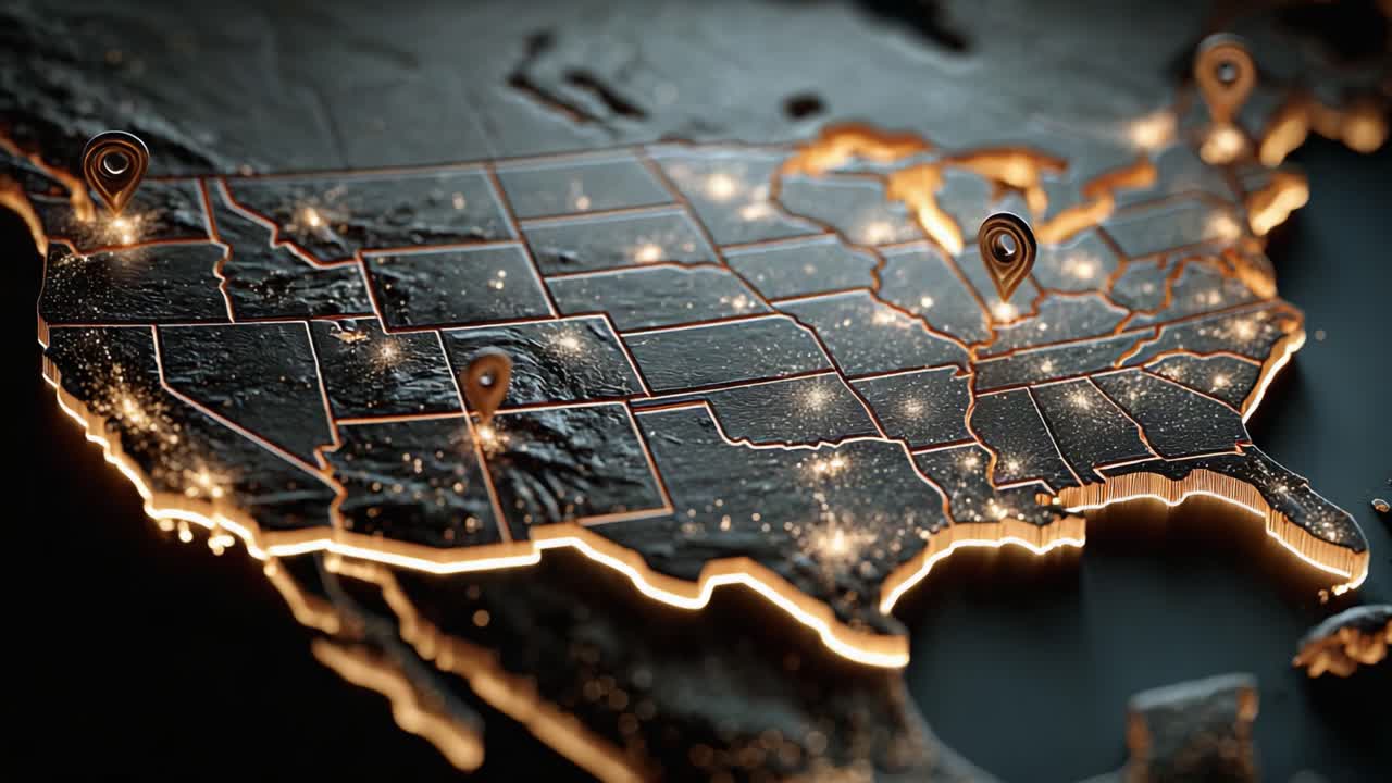 A Stunning Visualization of the United States Highlighting Key Locations with Illuminated Markers Showcasing a Digital Map Representation