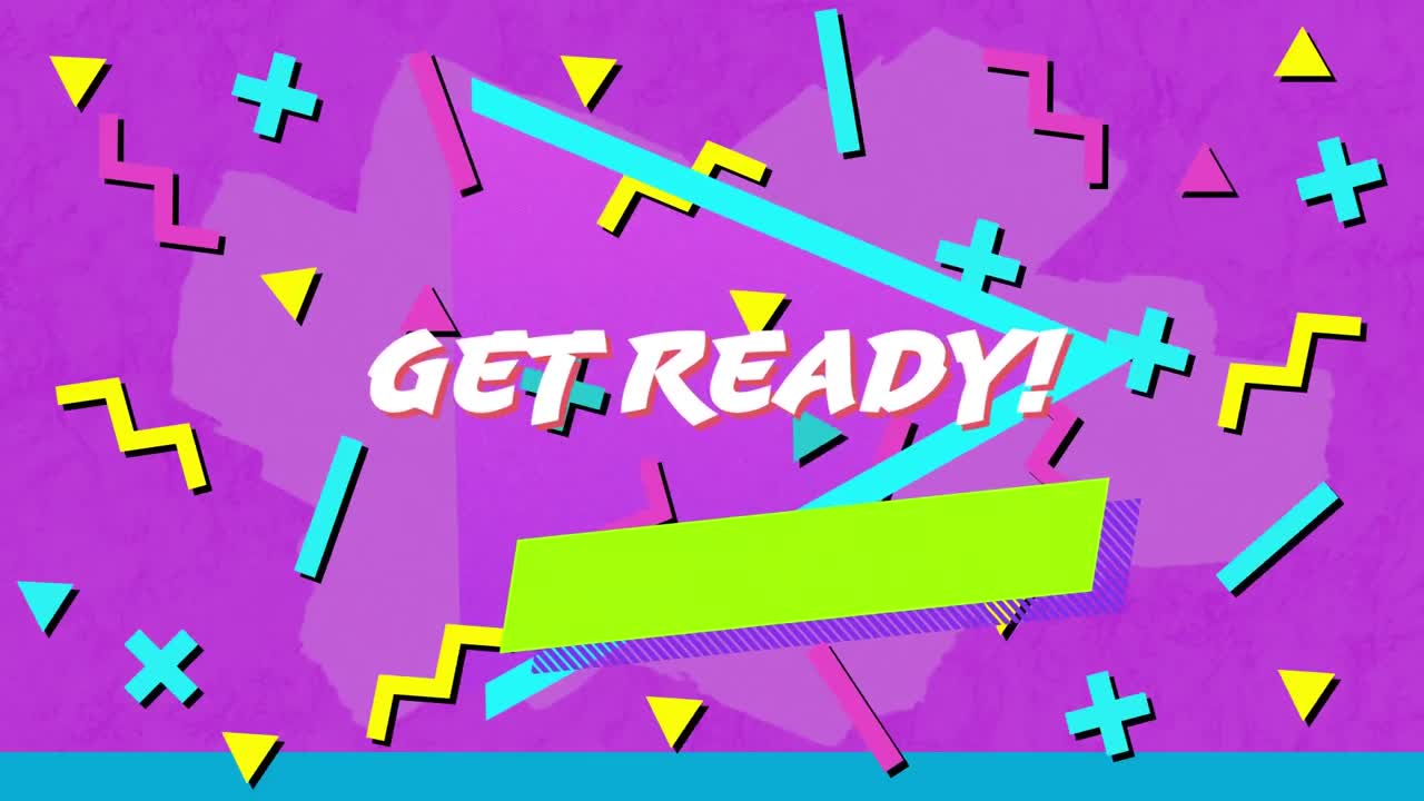 보라색 배경에 여러 가지 색상의 모양과 함께  ⁇ 색으로 쓰여진 준비 애니메이션.