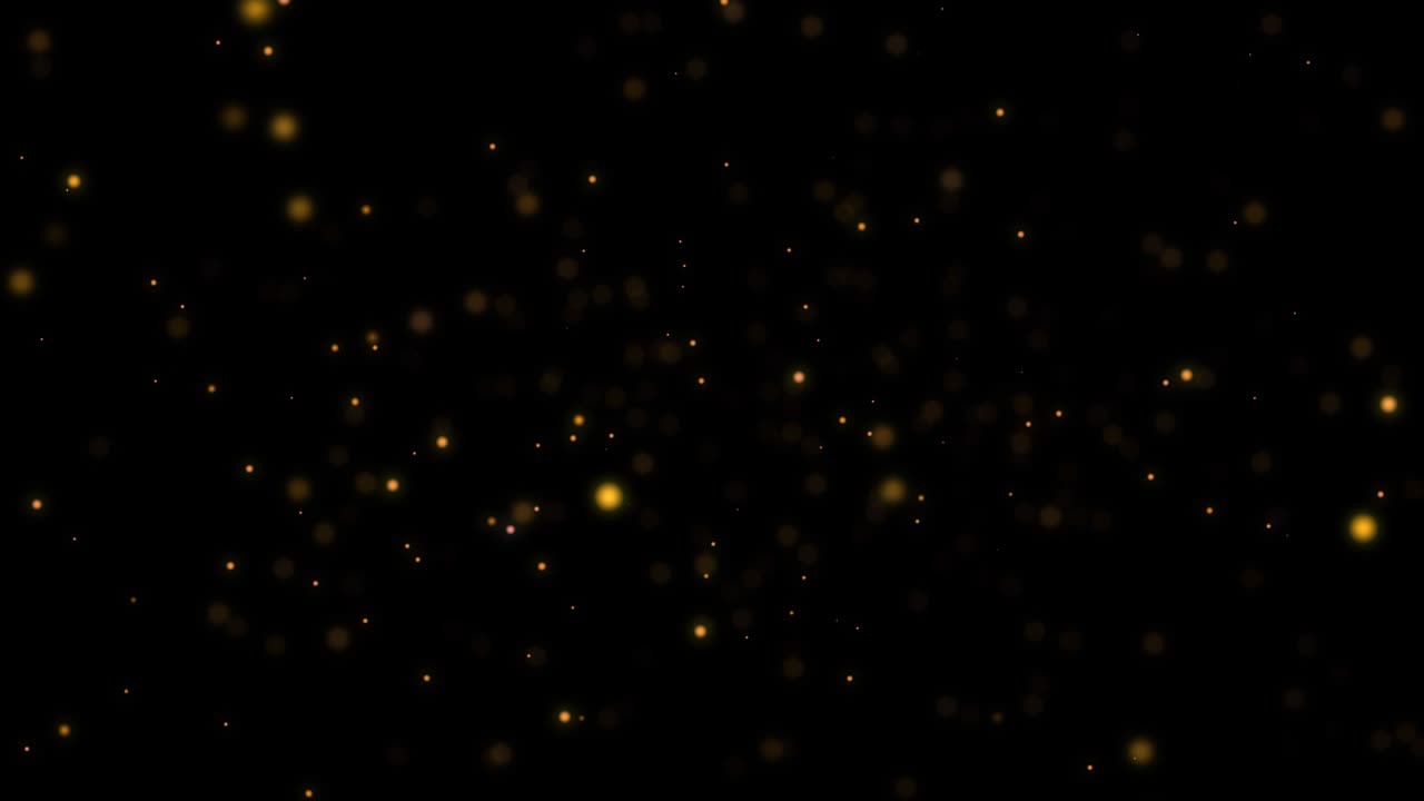 hermosas partículas de polvo doradas y brillantes con fondo oscuro sobre negro en cámara lenta. animación gráfica de movimiento de las partículas de bokeh dinámicas que se levantan en el viento. plantilla de festival digital de bokeh abstracta