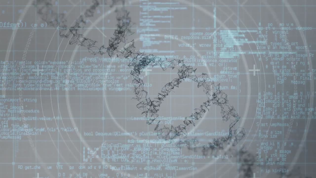 그레이 배경에 과학적 정보와 함께 dna가 돌아갑니다.