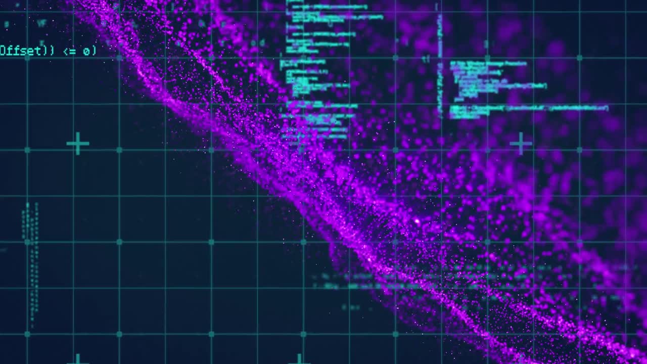 Digital animation of data processing over purple digital wave against blue background