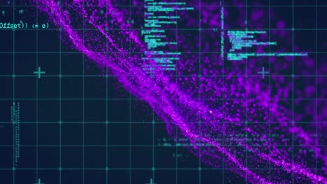 Digital-animation-of-data-processing-over-purple-digital-wave-against-blue-background