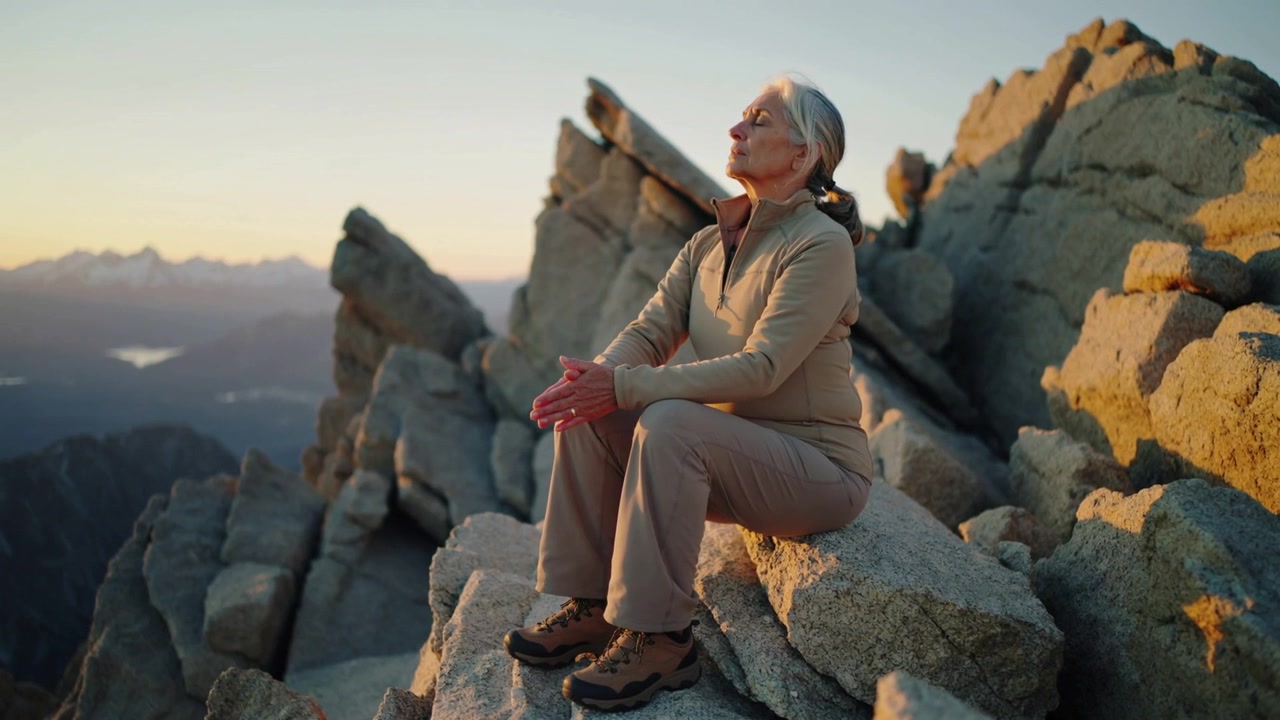 Tilting senior woman closing eyes soaking warm sunlight on rock ridge in fleece boots, copy space