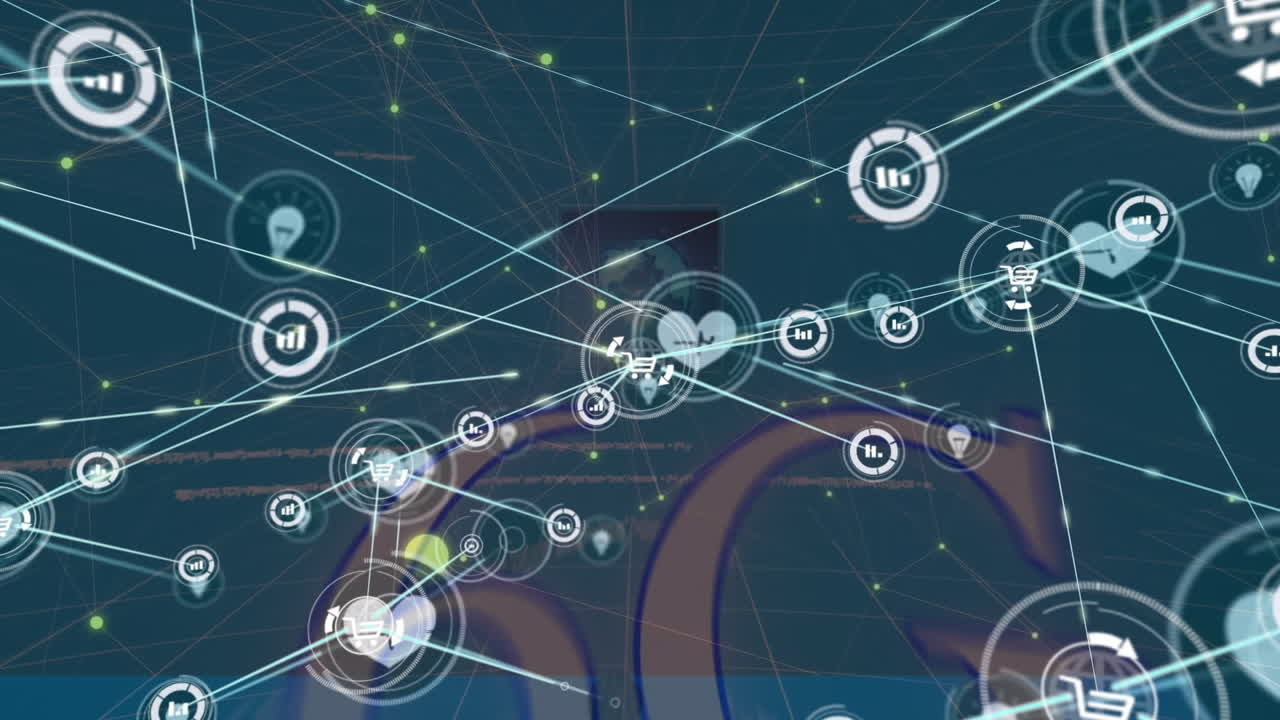 animación de la red de conexiones con iconos y procesamiento de datos sobre fondo negro