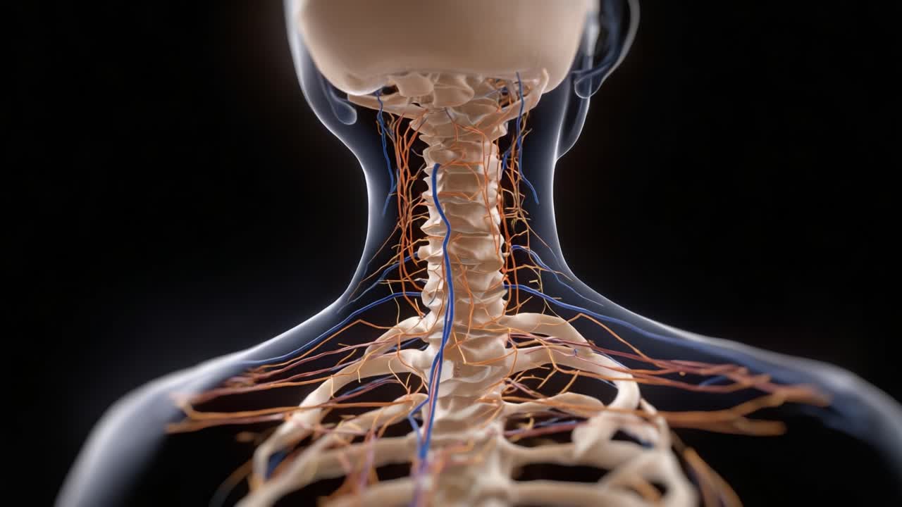 Anatomical Illustration of the Human Spine and Nervous System: Exploring the Intricacies of the Cervical Spine and Neural Connections