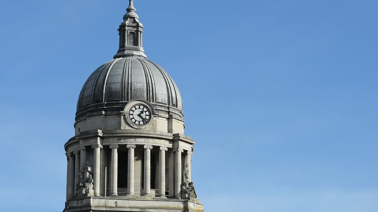 Close-up view of the historic Council House Clock, a landmark in Old Market Square at the heart of Nottingham city centre, England, highlighting its architectural details