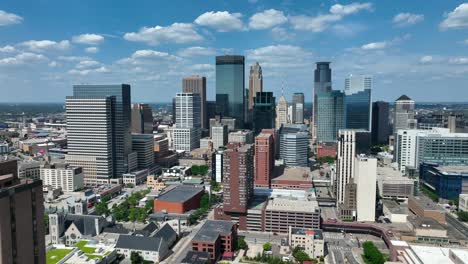 aerial establishing shot of downtown minneapolis, minnesota on picturesque summer day