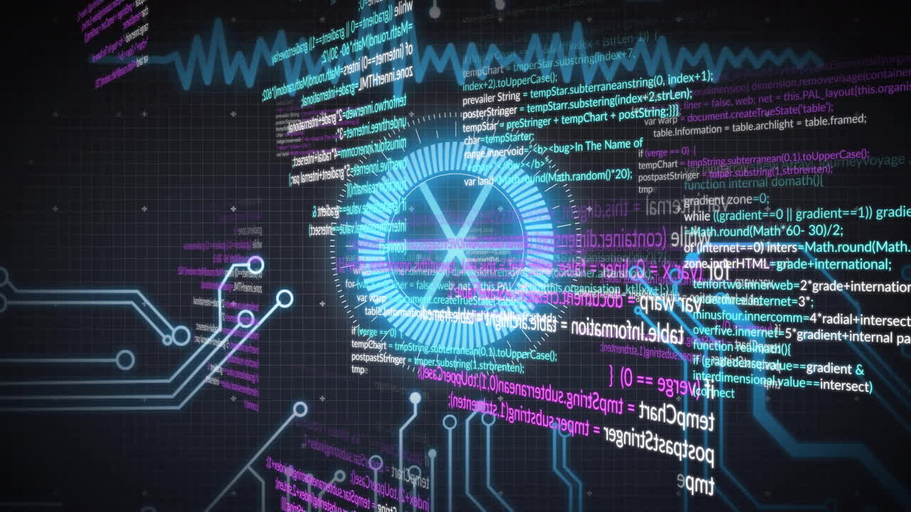 placa de circuitos digitales y codificación animación de procesamiento de datos en el fondo de la cuadrícula