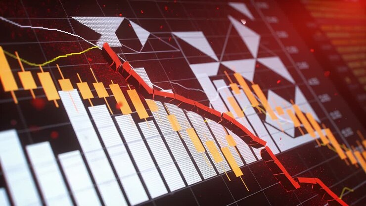 Animating market chart on dark screen, histogram and candlesticks shifting, red line signaling drop