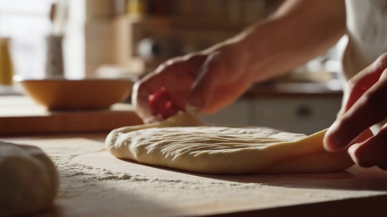 Primo piano mostra le punte delle dita che premono e allargano ripetutamente l'impasto su un piano di lavoro infarinato, mentre una luce laterale calda rivela la consistenza morbida, i bordi arrotondati e oggetti da cucina sullo sfondo