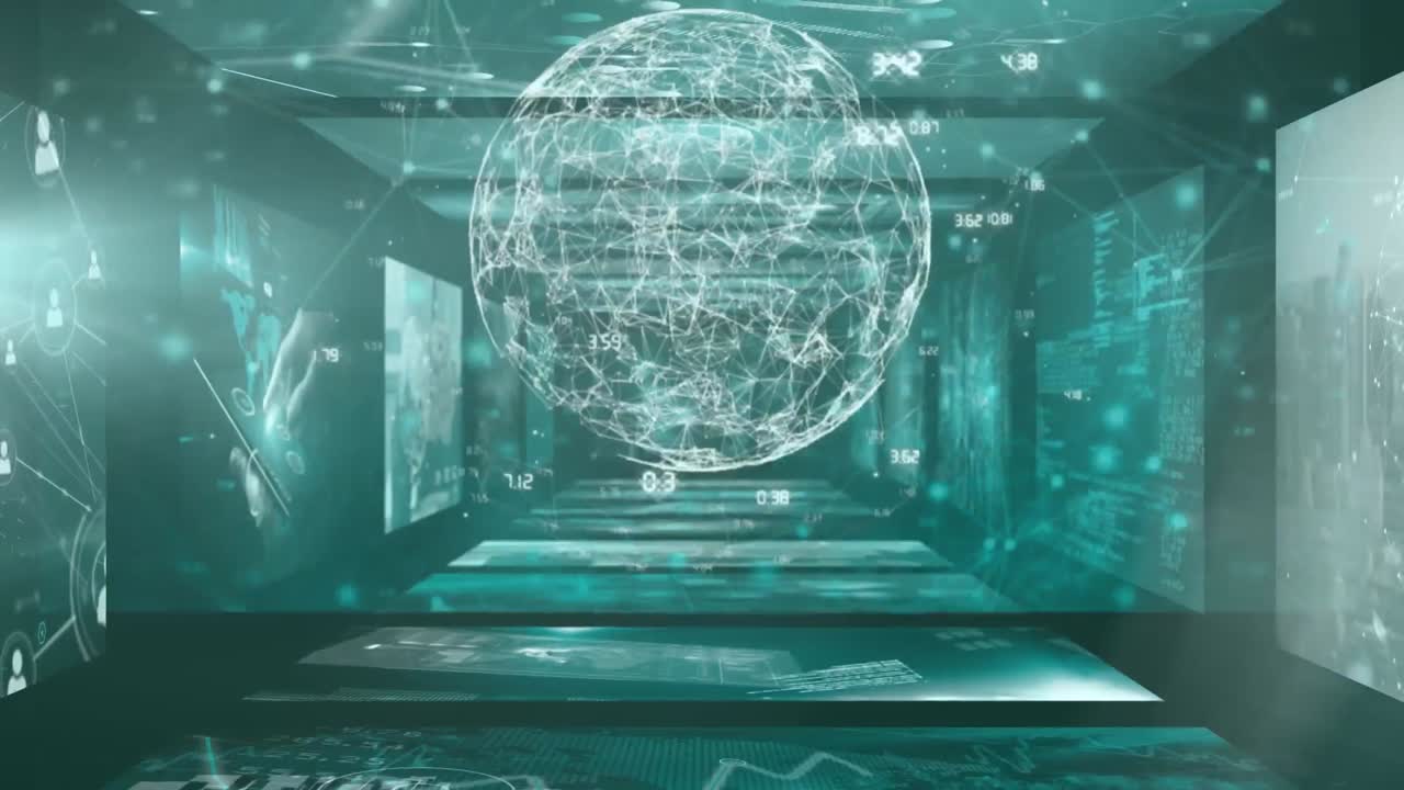 animación de pantallas con el ojo humano y cámara de cctv digital con procesamiento de datos y mapa del mundo