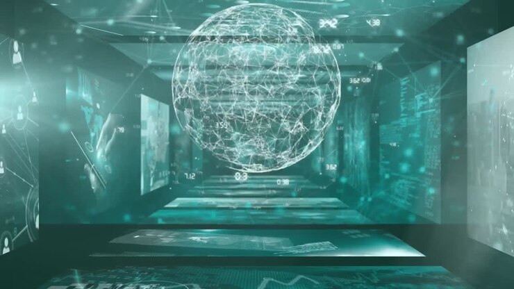Animation of screens with human eye and CCTV camera digital with data processing and world map