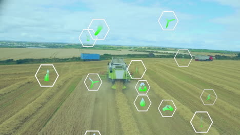 agricultural technology icons animation over combine harvester working in field