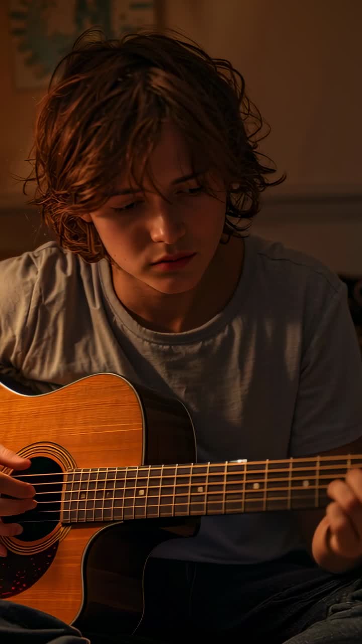 Video verticale: Inquadratura dall'alto di un adolescente che pizzica gli accordi su una chitarra acustica in una stanza in penombra, mentre si esercita con la musica.