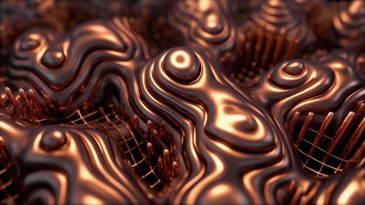 Animazione 3D Astratta di una Superficie di Rame Liquido con Struttura a Griglia
