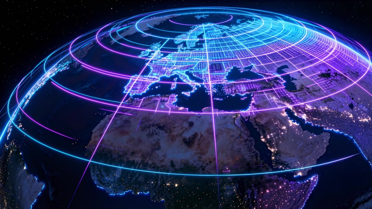 Rotating stylized globe with frames advancing, tilting over Europe as neon grid and rings sweeping