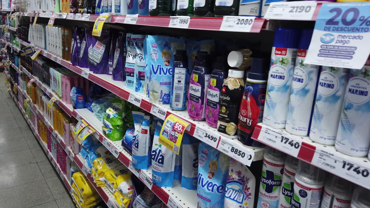 Prices of soap and healthcare products of buenos aires city, inflation pesos currency concept, Argentine store closeup