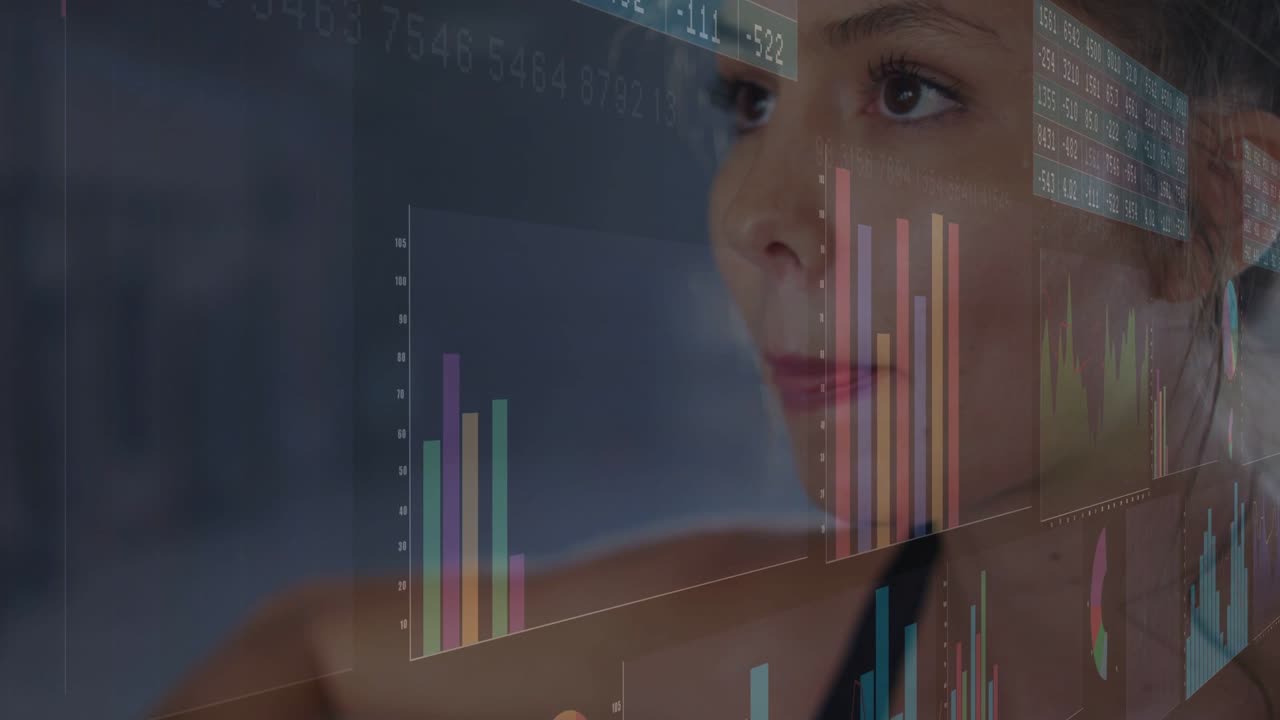 Woman looking up, causing translucent bar charts, line chart and ticker moving, analyzing tech data