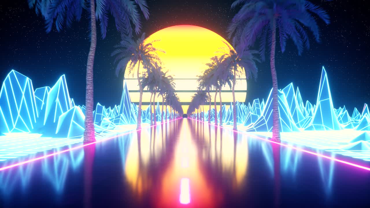 Loop continuo retro-futuristico sci-fi anni '80. Paesaggio videoludico VJ retrowave, luci al neon e griglia del terreno low poly. Sfondo animato 3D stilizzato vintage vaporwave con montagne, sole e stelle. 4K
