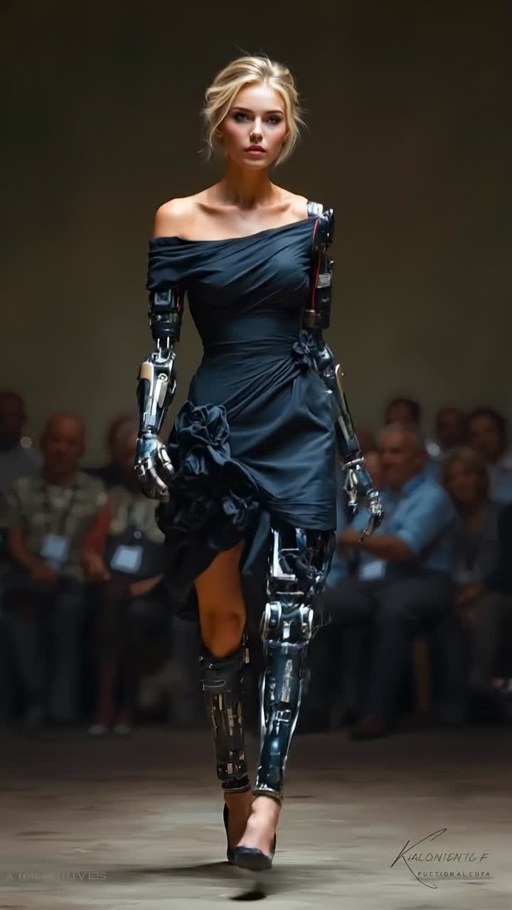 Woman in elegant black dress with bionic arm and leg walking at fashion show