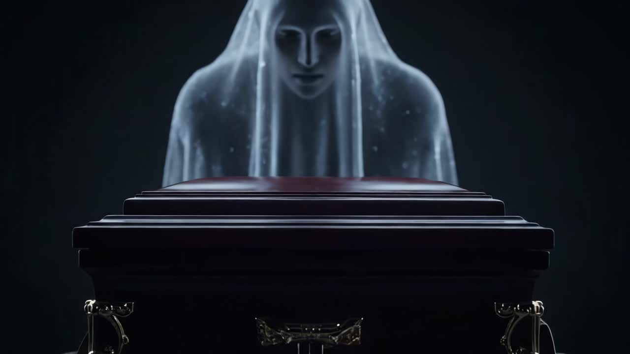 Ghostly Figure Mourning at Coffin