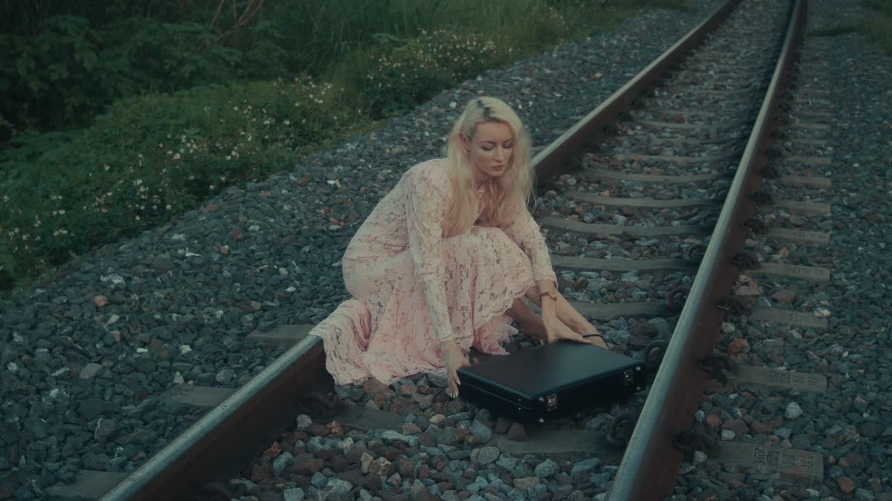 A Woman Sitting on Train Tracks with a Suitcase