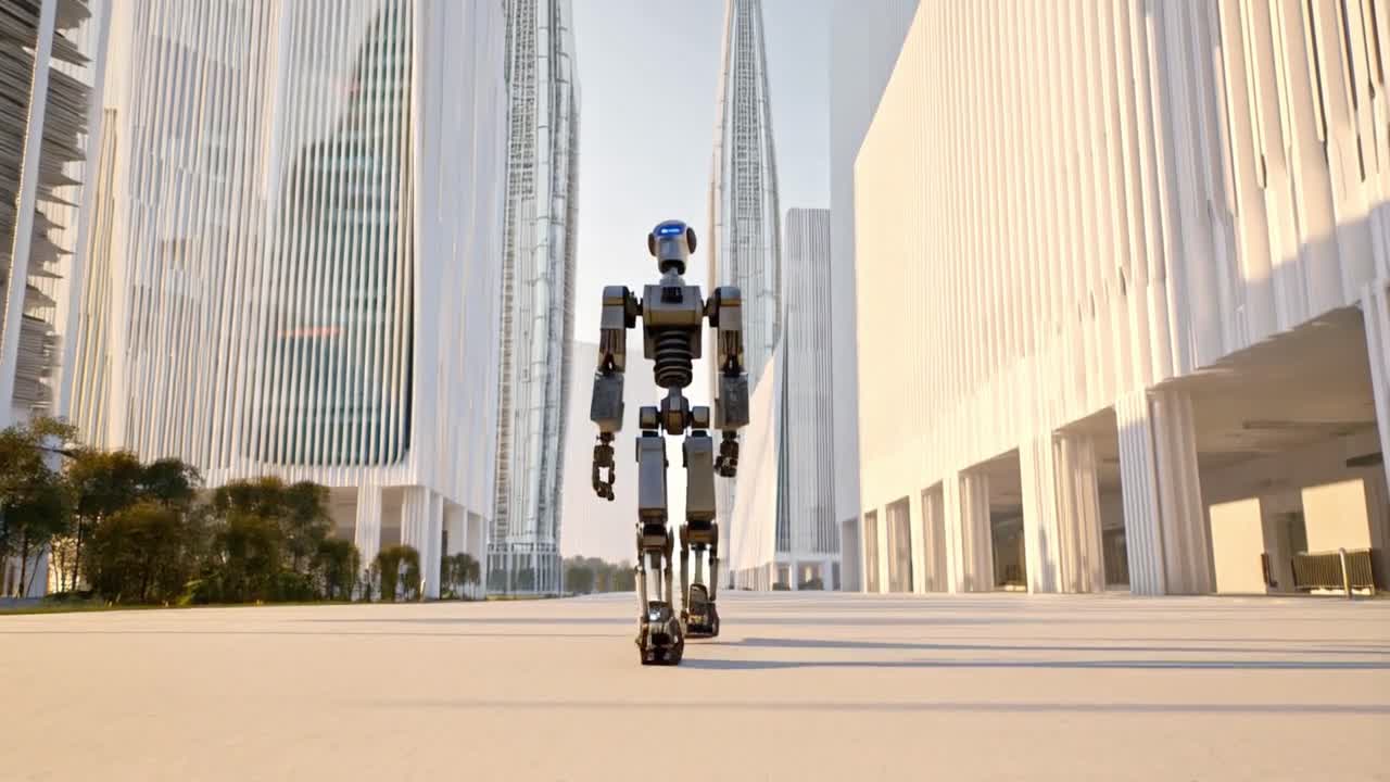 Robot walking in a futuristic city
