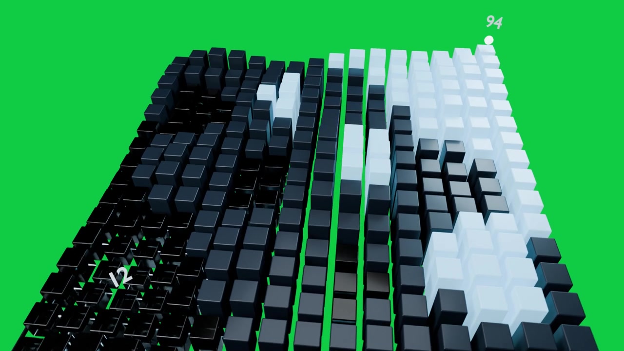 Center seed light sparking voxel field rising right, forming ridges showing data on transparent bg